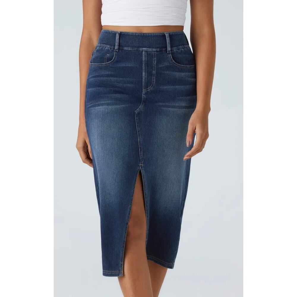 HALARA Dark Blue Denim Midi Skirt